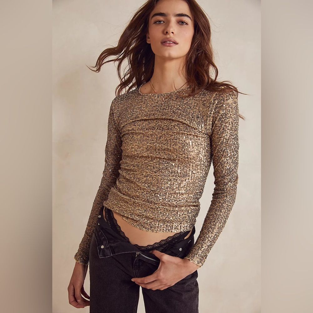 Free People Gold Sequin Long Sleeve Top